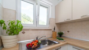 A kitchen with a sink, a window, and a potted basil plant.
