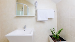 Ein Badezimmer mit Waschbecken, Spiegel, Handtuchhalter und einer Topfpflanze.