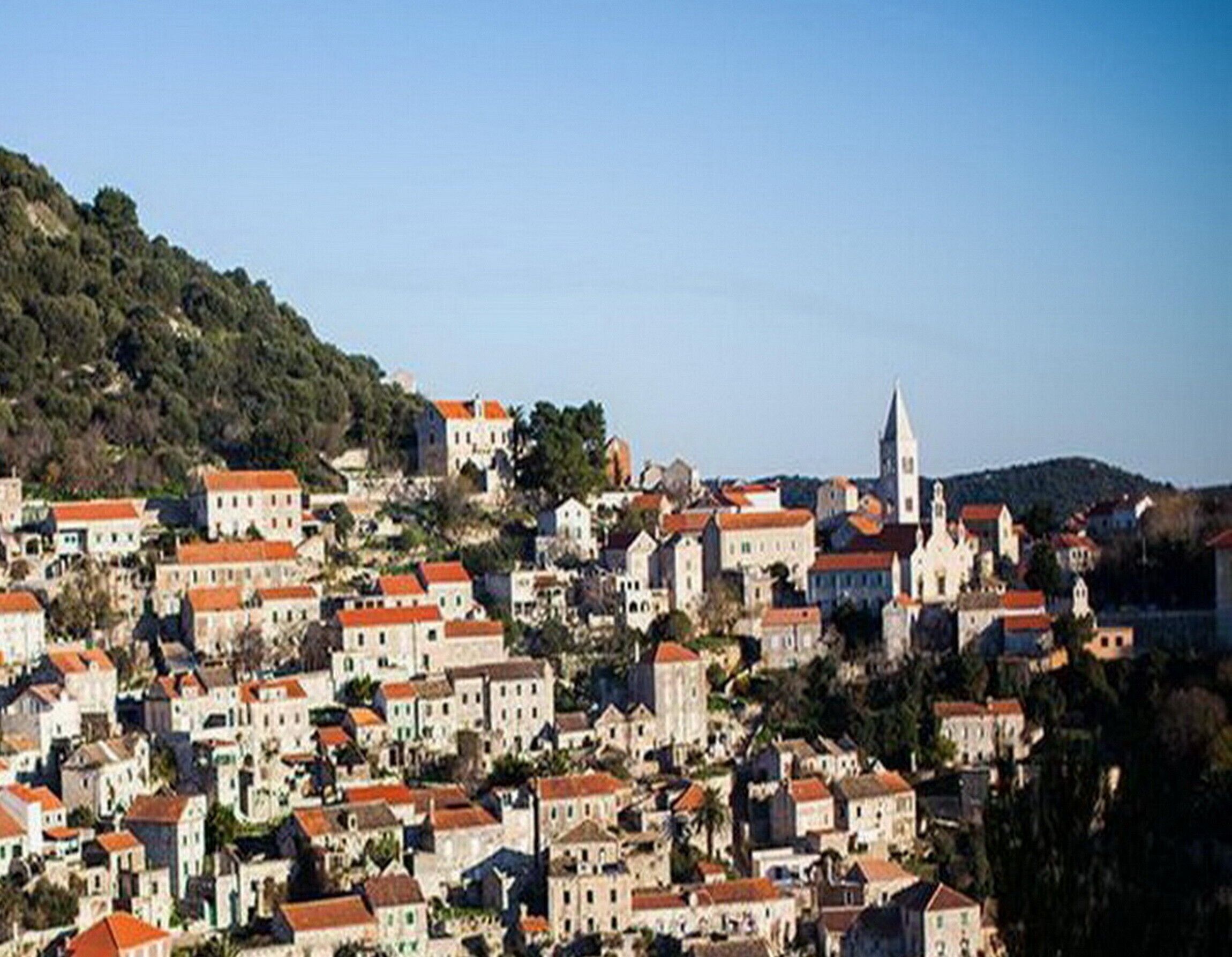 A densely packed hillside town with historic buildings and a prominent church.