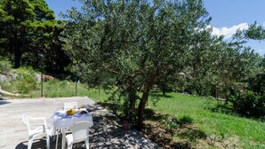 An outdoor seating area with a table and chairs under a tree, surrounded by greenery and a clear sky.