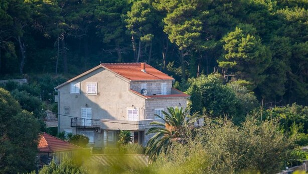 A two-story house with a red-tiled roof, surrounded by dense green trees and a clear view of the landscape.