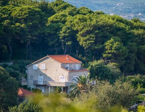 A two-story house with a red-tiled roof, surrounded by dense green trees and a clear view of the landscape.