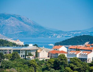 A coastal town with historic buildings, a prominent church, and a mountain in the background.