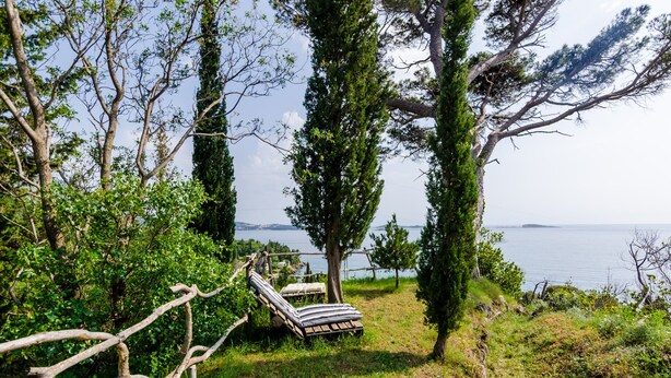 Un banc en bois avec un matelas, placé sur une pelouse entourée d’arbres, et d’où l’on peut admirer un plan d’eau.