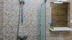 Une salle de bain avec une douche, des murs carrelés, une douche à parois de verre et une petite étagère avec une plante.