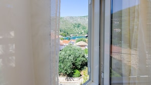 Blick aus einem Fenster mit Vorhang auf einen Hang mit Gebäuden und Grünflächen.