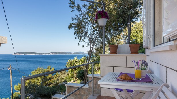 A balcony with a table, a hanging flower pot, and a view of the sea. - Apartments Lovro - Duplex One Bedroom Apartment with Terrace and Partial Sea View (1) (Lozica)