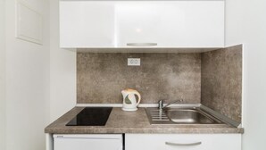 Una cocina compacta con lavavajillas incorporado, una hornilla y un fregadero.