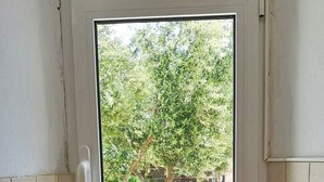 Una esquina de una habitación con una puerta que da a un espacio exterior. Hay una piña en una bandeja sobre el piso.