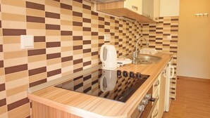 Een kleine keuken met een geruit spatwand, een inbouwfornuis en een spoelbak.