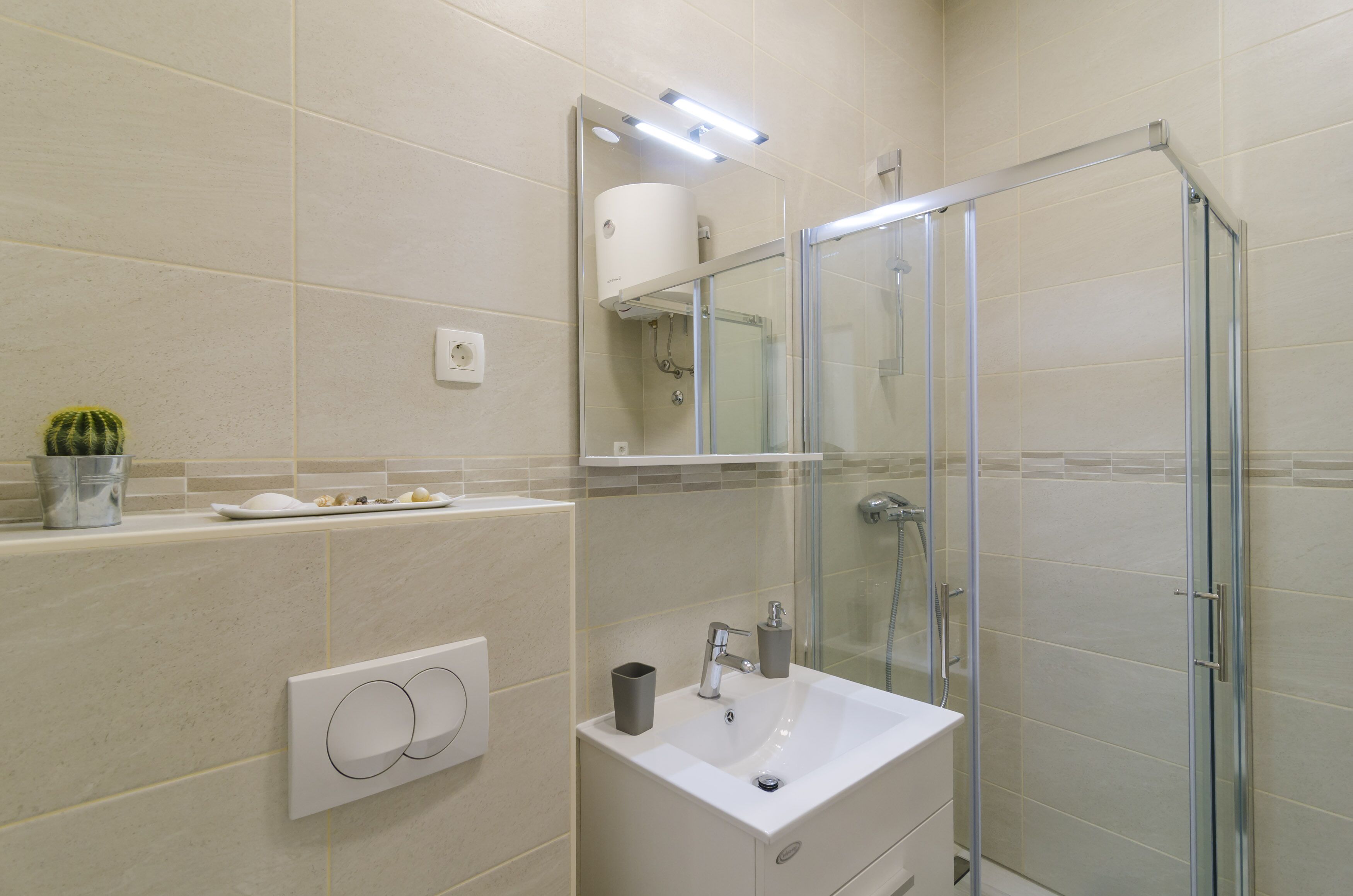 Un baño moderno con ducha de vidrio, un lavabo blanco y una pequeña planta de cactus en un estante.