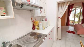 Fridge, microwave, cookware/dishes/utensils
