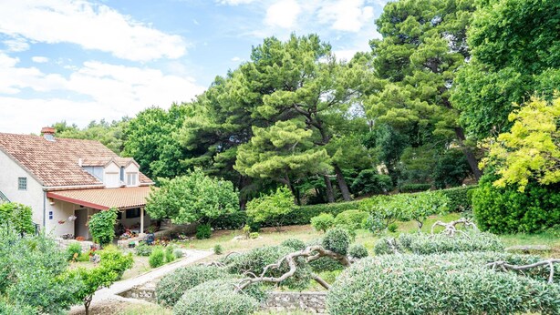 A house with a red-tiled roof, surrounded by a well-maintained garden with various trees and shrubs.