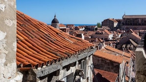 Vue de toits recouverts de tuiles en terre cuite et de bâtiments historiques, probablement dans un cadre méditerranéen.