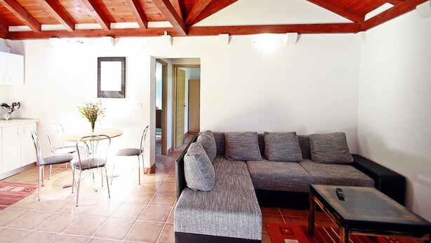 A living room with a sofa, chairs, a coffee table, and a dining area with a table and chairs. - Holiday Home Harmony - Holiday Home with Terrace (Dol)
