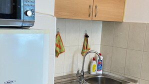 Een kleine keuken met houten kastjes, een roestvrijstalen spoelbak en een witte koelkast.