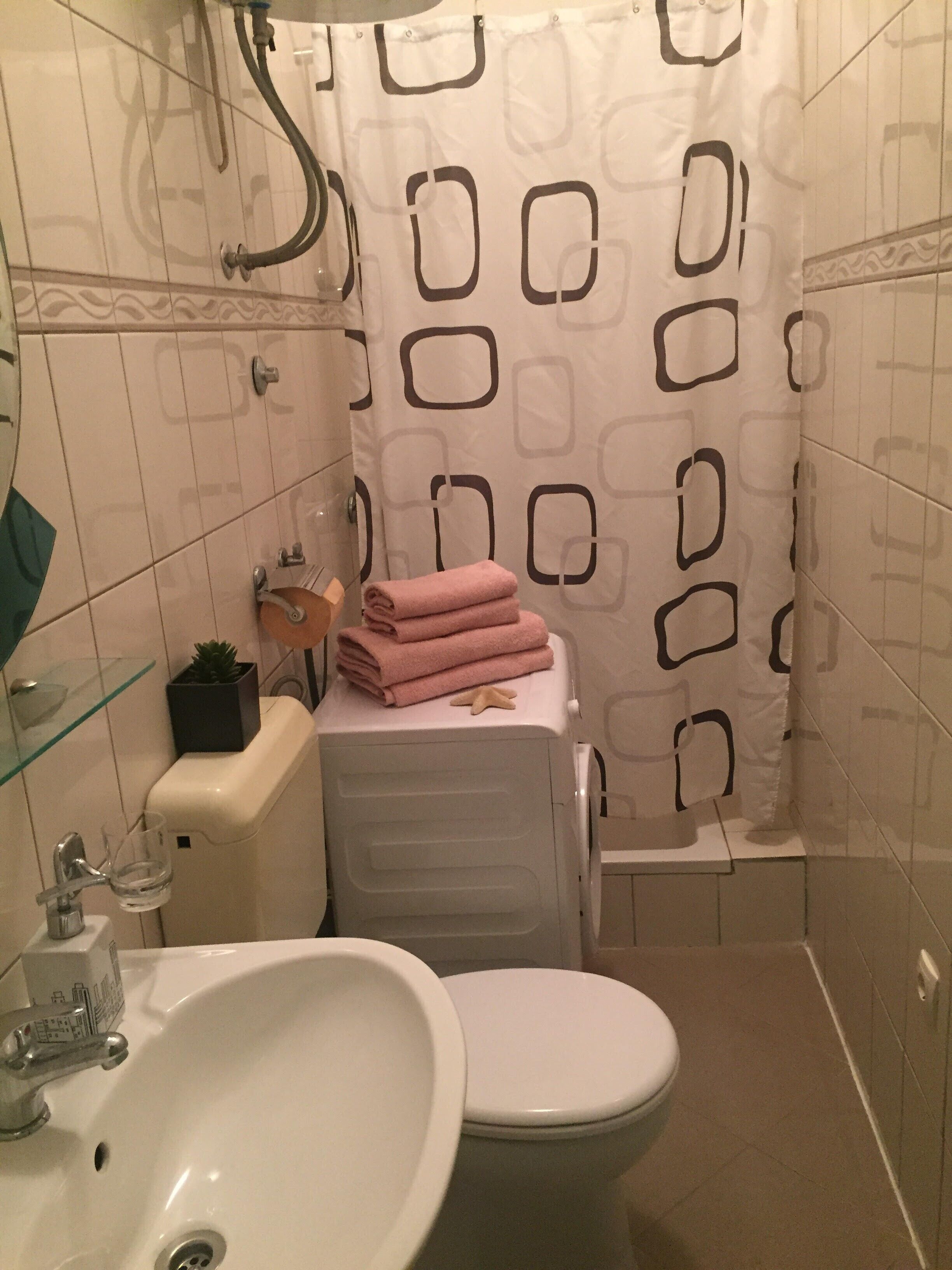 Casa de banho com sanita, lavatório e chuveiro. Há um porta-toalhas com toalhas dobradas e uma pequena planta.