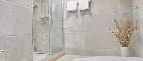 Douche, séchoir à cheveux, serviettes fournies
