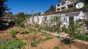 Ein Wohngebäude mit Gartenanlage, Satellitenschüssel und einer sichtbaren Tür.