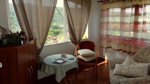 Una habitación con una mesa de comedor, una silla, un sofá y cortinas.