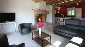 A living room with a stone fireplace, a television, and modern furniture.