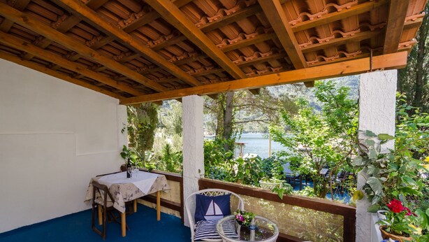 A covered patio with a table and chairs, a view of greenery and a body of water.