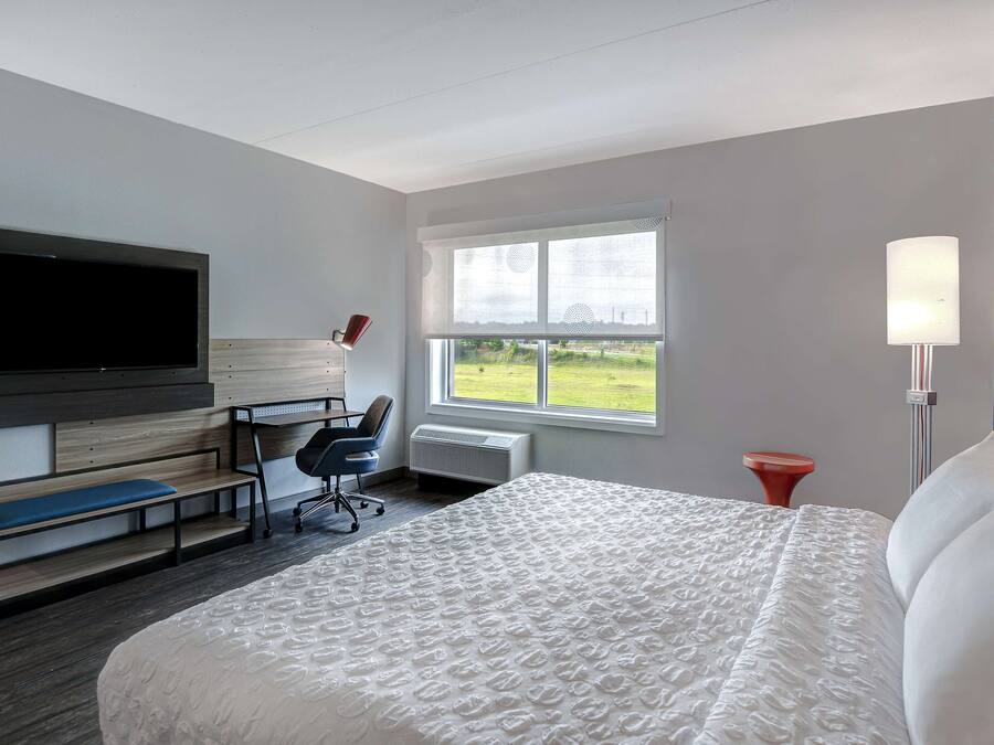 Habitación de hotel con una cama grande, un escritorio con una silla, un televisor de pantalla plana, una ventana con vistas al exterior y una lámpara de noche.