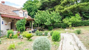 Una casa con techo de tejas, un porche cubierto y un jardín con diversas plantas y un camino de piedra.