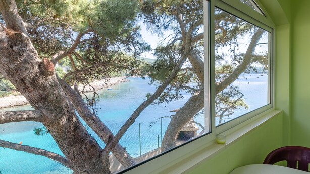 A room with a large window overlooking a body of water, a tree, and a small structure by the water.