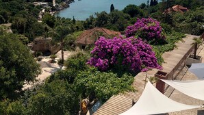 A coastal property with a view of the sea, surrounded by lush greenery and purple bougainvillea flowers. - Villa Peragić - Triple Room with Balcony (Molunat)