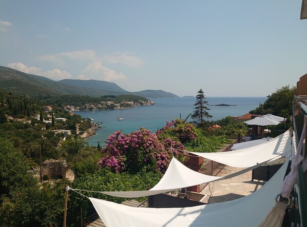 A coastal view with a balcony overlooking the sea, a garden with purple flowers, and a clear sky.