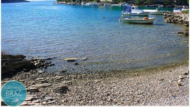 Una playa de guijarros con barcos y una colina boscosa al fondo.