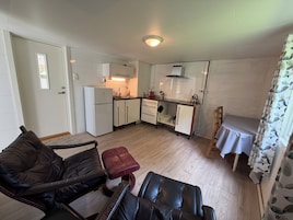 Un espacio habitable compacto con kitchenette, comedor y zona de estar con sofá y sillón.