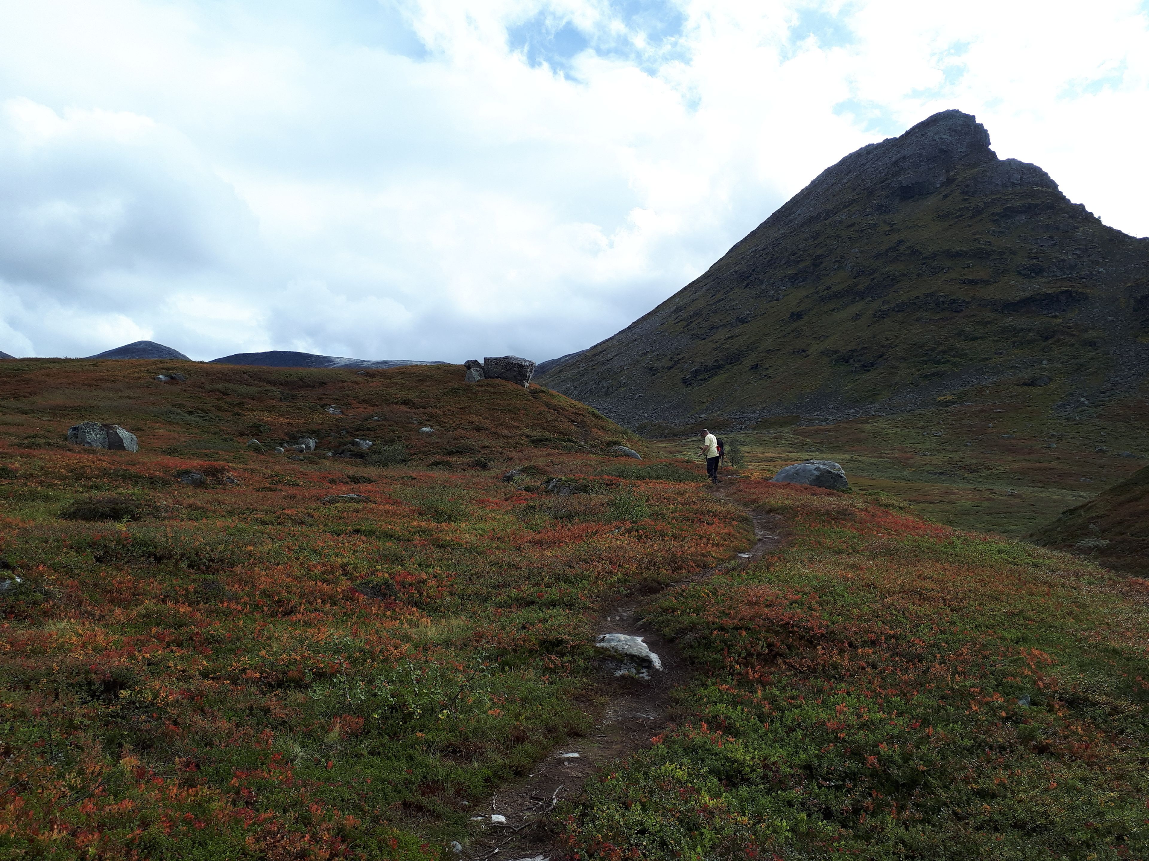 Un paisaje montañoso con una persona caminando por un sendero.