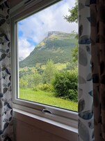 Una ventana con vista a un paisaje verde y una montaña.