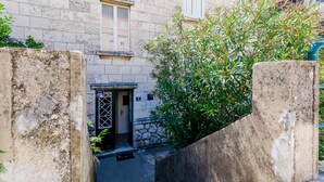 A narrow alleyway with a stone building, a small door, and a bush.