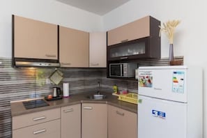 Réfrigérateur, micro-ondes, plaque de cuisson, grille-pain