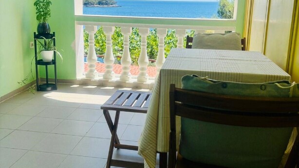 Een balkon met uitzicht op zee, een tafel, stoelen en bloempotten.
