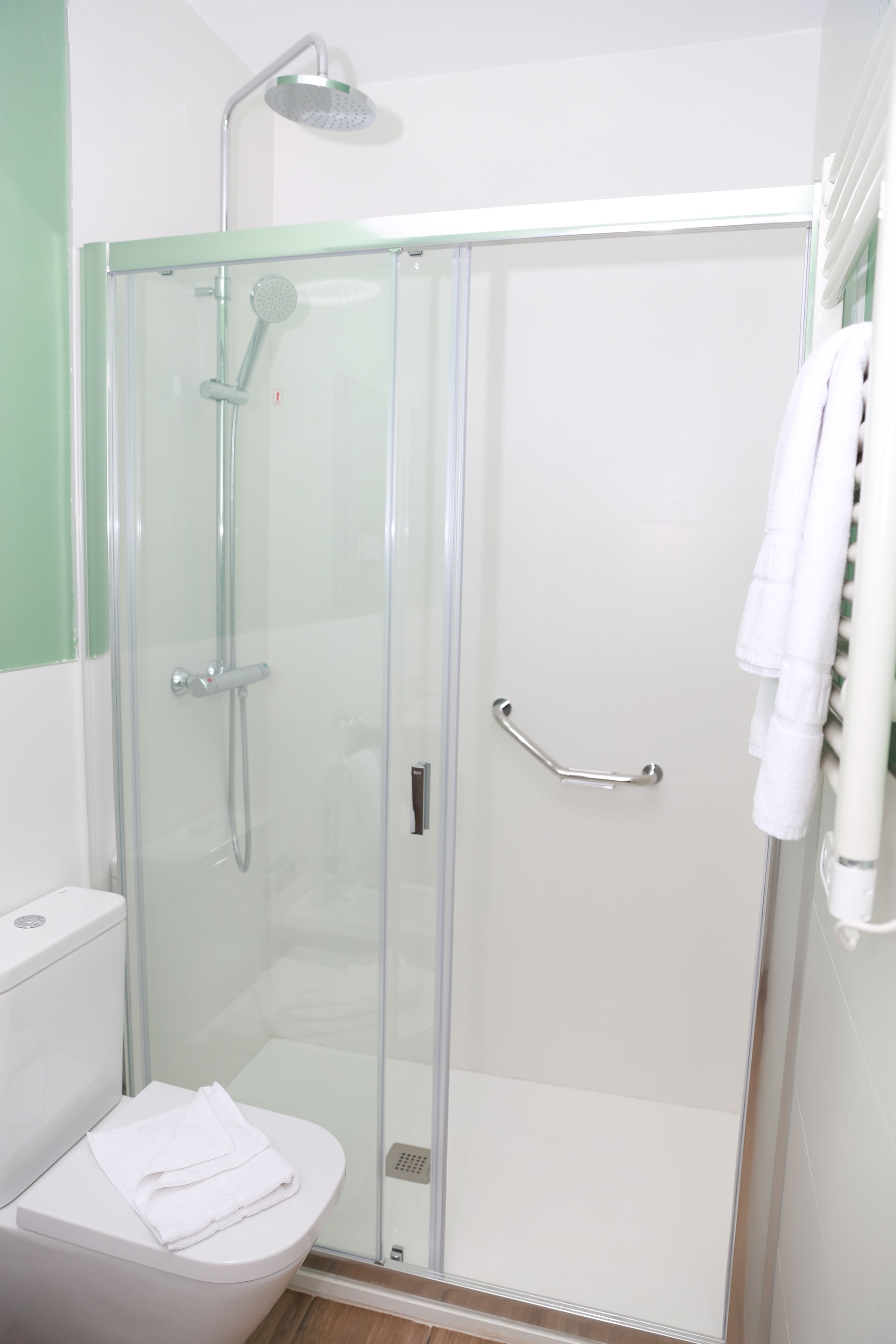 A glass-enclosed shower stall with a handheld showerhead, a glass door, and a white towel on the adjacent toilet.