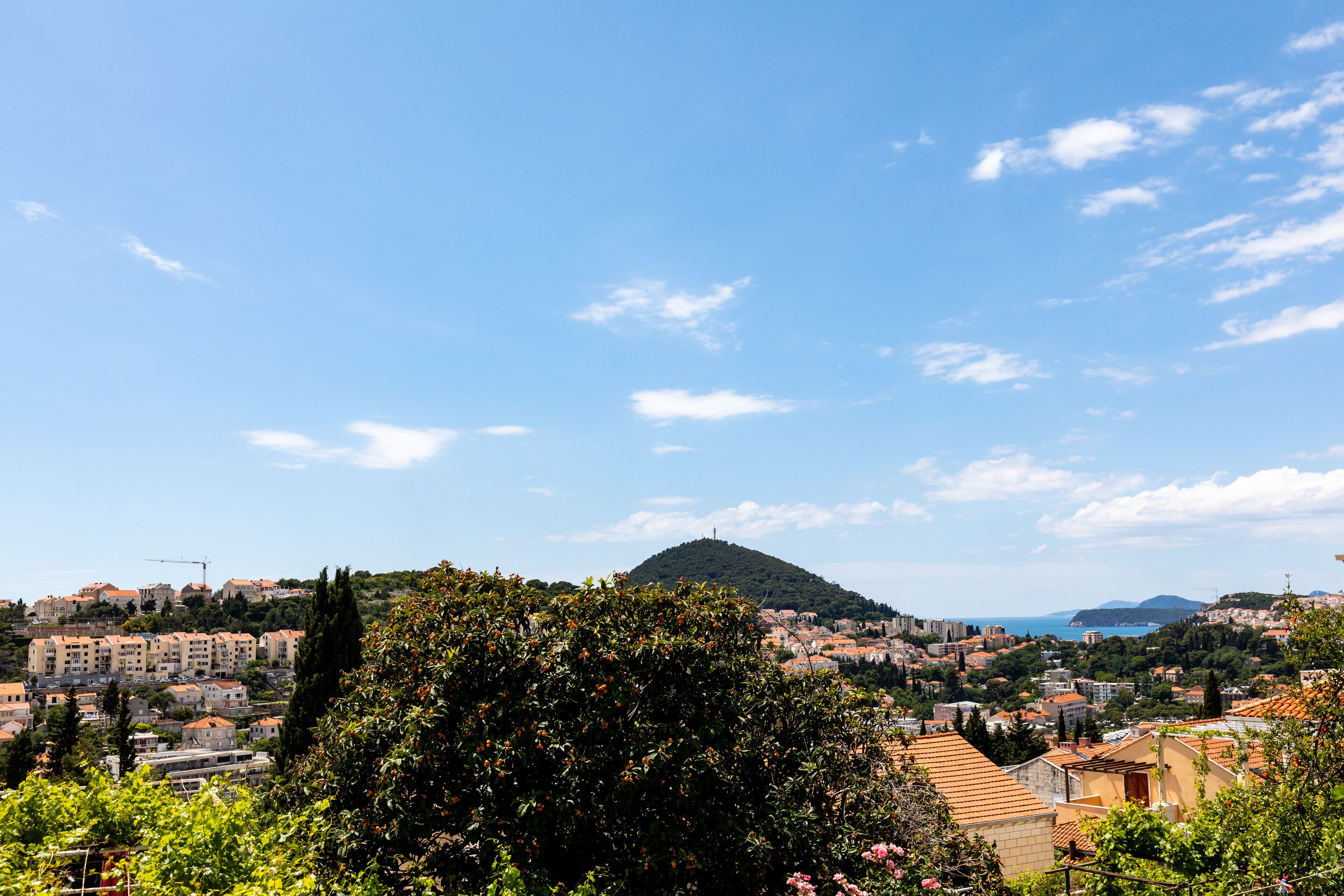 Une ville côtière avec des bâtiments, une colline et un ciel dégagé.