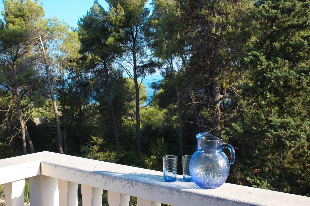 A balcony with a white railing overlooking a forested area.