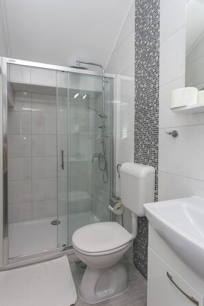 Une salle de bain avec une douche à parois de verre, des toilettes et un lavabo.
