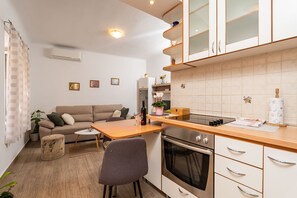 Fridge, oven, stovetop, cookware/dishes/utensils