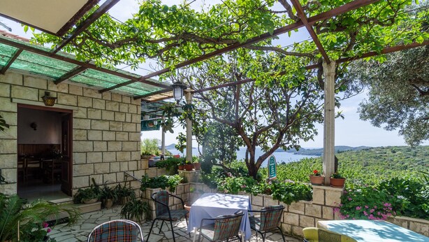 Eine Terrasse mit Steinboden, Sitzgelegenheiten im Freien und Topfpflanzen.