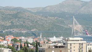 A cityscape with a prominent cable-stayed bridge and a cruise ship docked near the shore.
