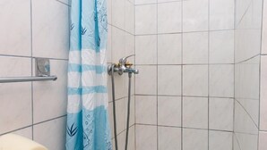 Un baño pequeño con ducha, soporte para papel higiénico y bañera.