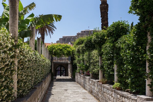 Stroll along the pathway lined with lush greenery and palm trees, leading to a historic building with an arched entrance and balcony.
