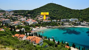 Una località costiera con una villa in evidenza, Villa Hortenzija, circondata da edifici residenziali e da una spiaggia.
