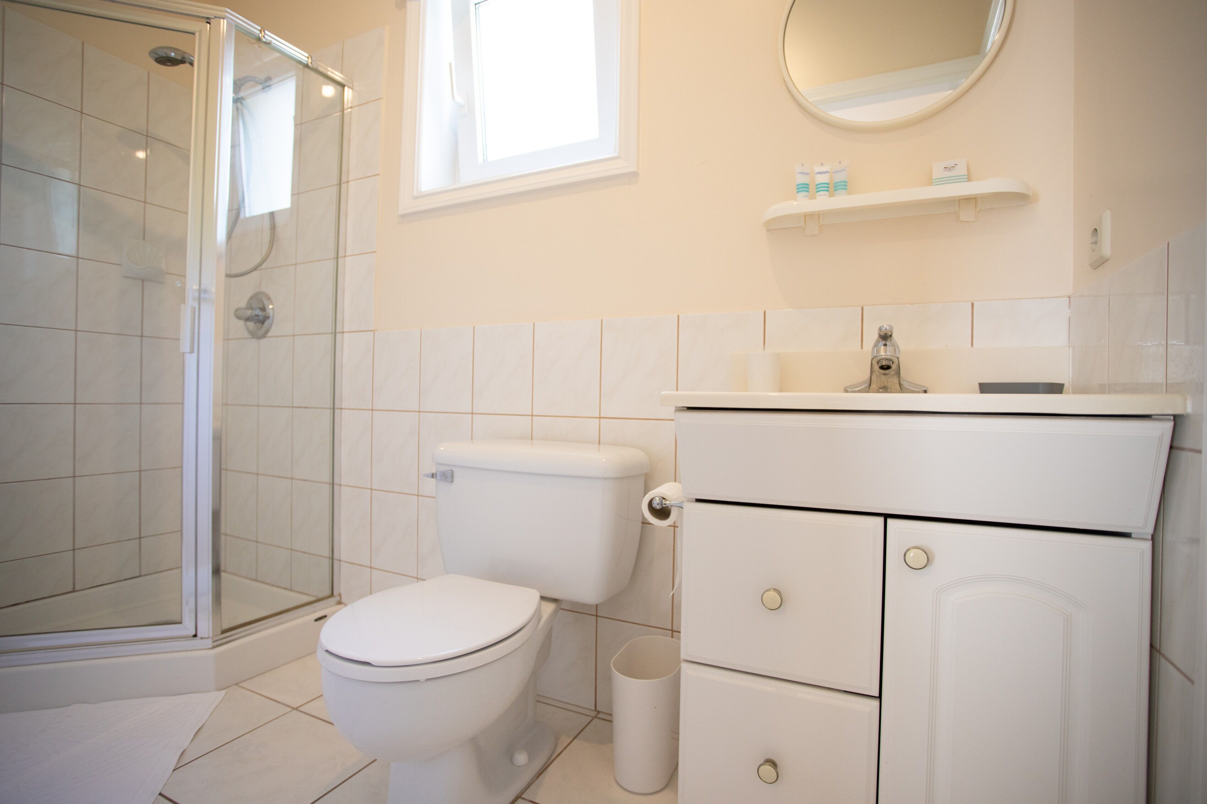 A bathroom with a toilet, a shower, and a sink.