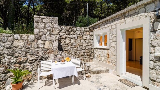 Un espacio al aire libre con paredes de piedra, una mesa y sillas, una planta en maceta y un acceso que da al interior.